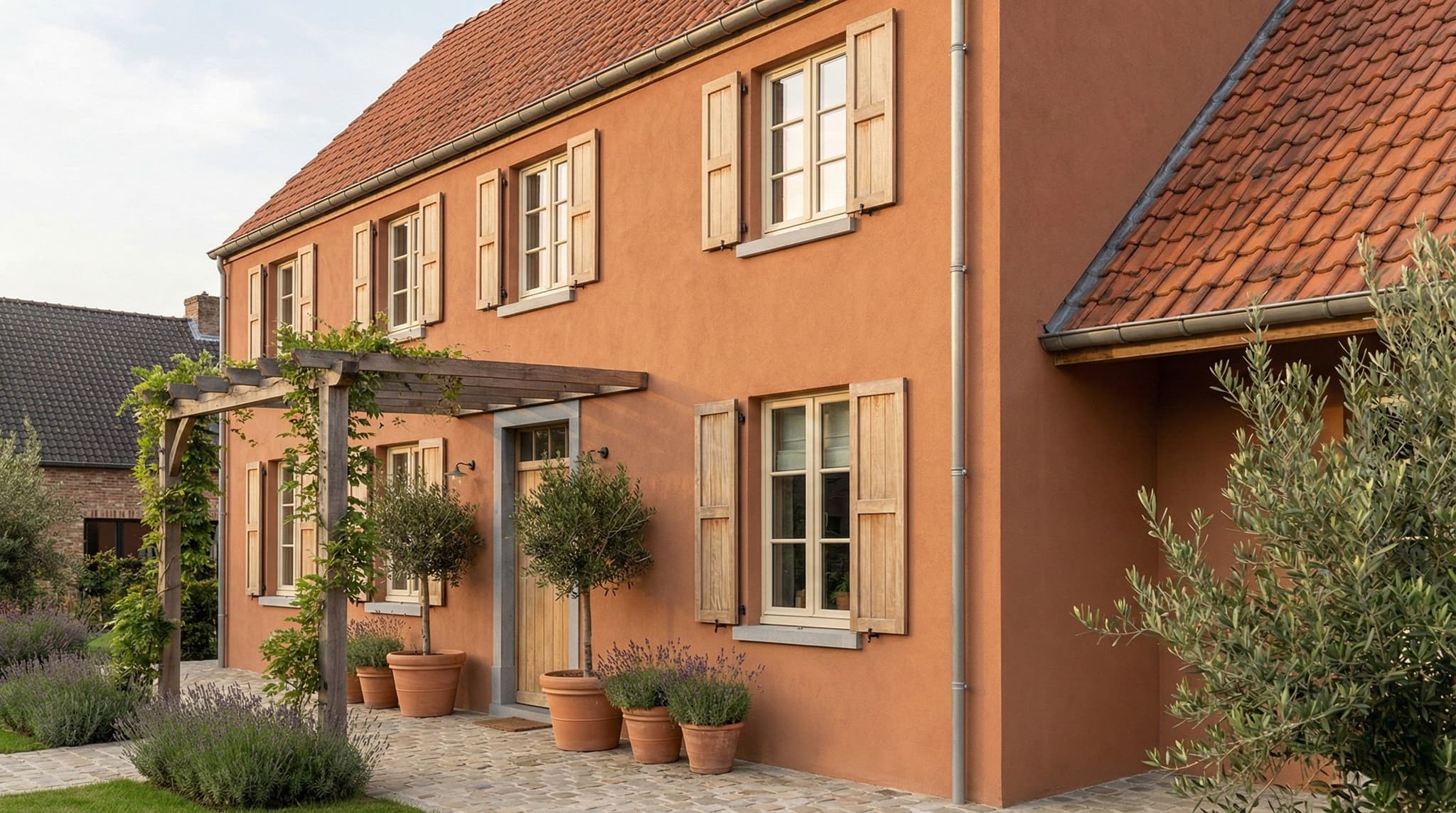 Woning met terracotta crepi gevel in mediterrane stijl