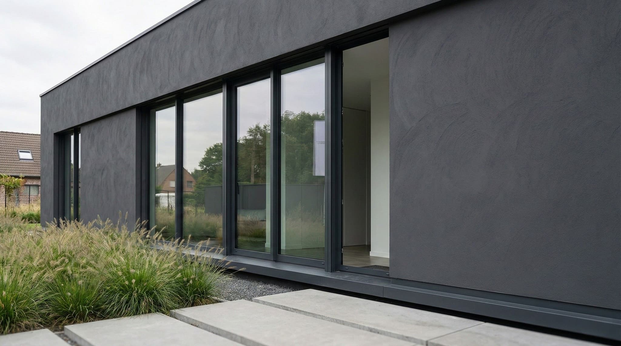 Moderne Woning Brasschaat - Moderne bungalow met Siliconen schuurpleister - antraciet